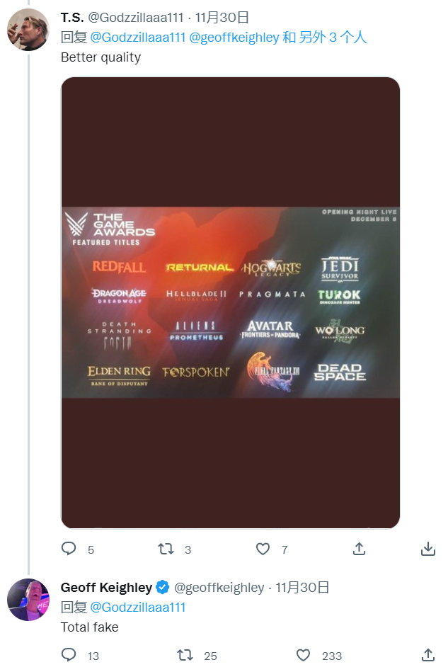 网传TGA2022将公布多款重磅游戏，主持人称“全是假的”